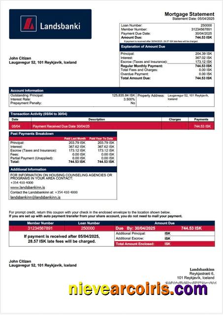 Iceland Landsbankinn mortgage statement Word and PDF template